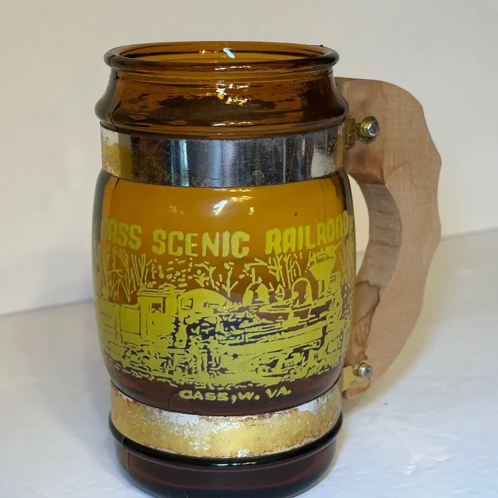 Vintage Cass Scenic Railroad West Virginia Souvenir Brown Glass Barrel Mug Wood